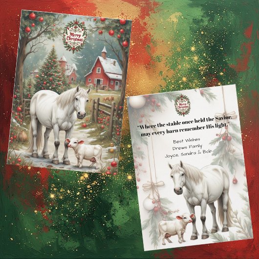 Rustic Farm Horse Red Barn Merry Christmas Card