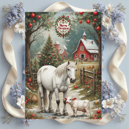 Rustic Farm Horse Red Barn Merry Christmas Card
