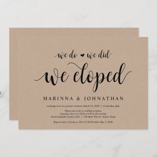 Rustic Farm Kraft, Zwarte script, Trouw Elopement Kaart (Voorkant / Achterkant)