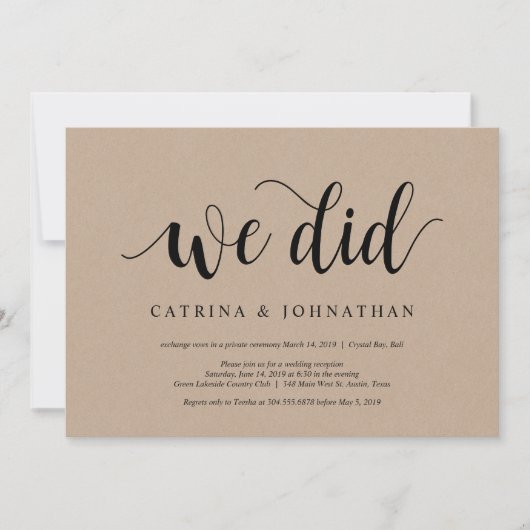 Rustic Farm Kraft, Zwarte script, Trouw Elopement Kaart (Voorkant)