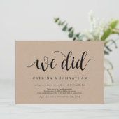 Rustic Farm Kraft, Zwarte script, Trouw Elopement Kaart (Staand voorkant)