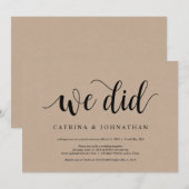 Rustic Farm Kraft, Zwarte script, Trouw Elopement Kaart (Voorkant / Achterkant)