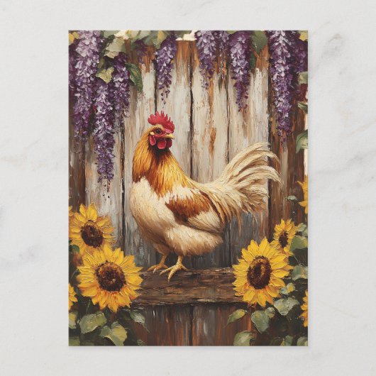 Rustic Farm Rooster with Sunflowers and Wisteria Briefkaart (Voorkant)