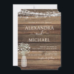 Rustic Farmhouse Baby's Breath Jar Wedding Kaart<br><div class="desc">Rustic Farmhouse String Lights en Jar of Baby's Breath Wedding Invitations on Wood background - inclusief prachtige en elegante scripttypografie met modern Country Boerderij House Sparkle voor de speciale huwelijksdag.</div>