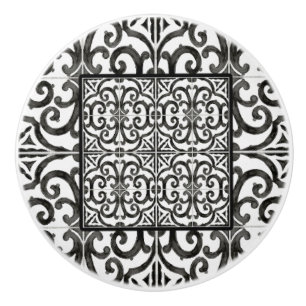 Rustic Farmhouse Black and White Scrollwork Tile Keramische Knop