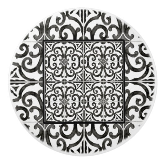 Rustic Farmhouse Black and White Scrollwork Tile Keramische Knop (Voorkant)