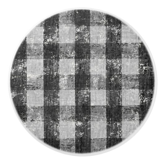 Rustic Farmhouse Black in White Gingham Check Boer Keramische Knop (Voorkant)