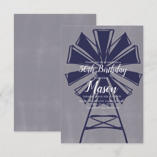 Rustic Farmhouse Blue Windmill 50th Birthday Kaart (Voorkant / Achterkant)
