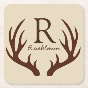 Rustic Farmhouse Brown Deer Antlers Familienaam Kartonnen Onderzetters