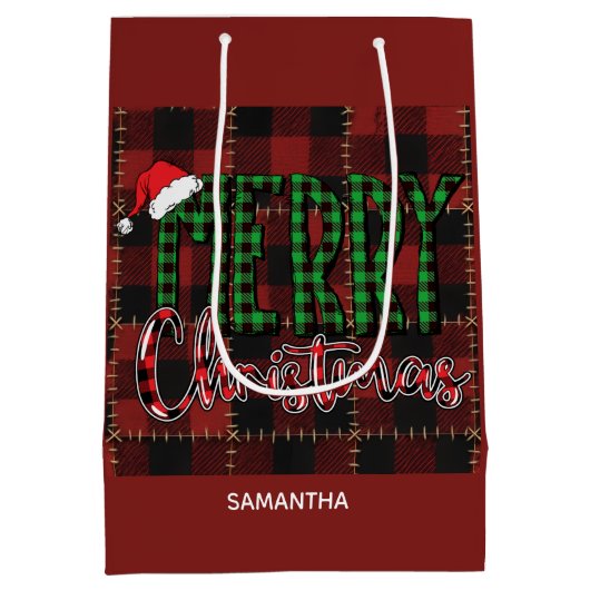 Rustic Farmhouse Buffalo Plaid Christmas Custom Medium Cadeauzakje (Achterkant)