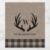 Rustic Farmhouse Burlap Deer Antlers Monogram Naam Wijn Etiket (Enkel label)