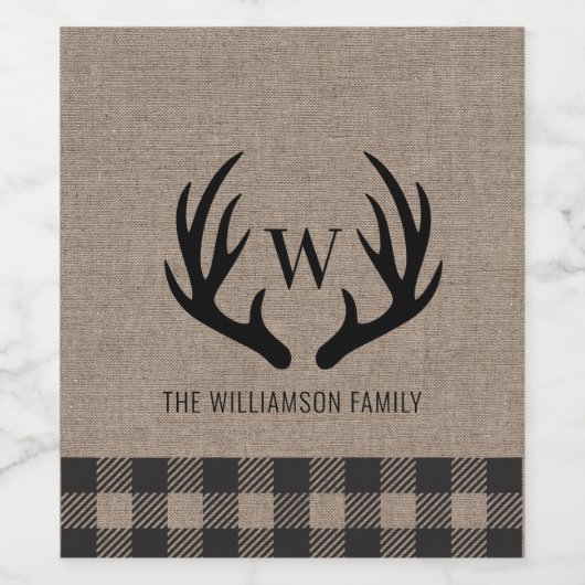 Rustic Farmhouse Burlap Deer Antlers Monogram Naam Wijn Etiket (Enkel label)