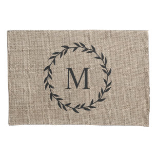 Rustic Farmhouse Burlap Laurel Wreath Monogram Kussensloop