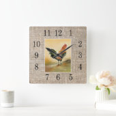 Rustic Farmhouse Country Rooster Burlap Vierkante Klok (Huis)