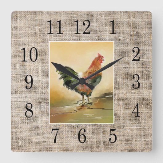 Rustic Farmhouse Country Rooster Burlap Vierkante Klok (Voorkant)