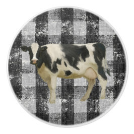 Rustic Farmhouse Cow Black in White Gingham Check Keramische Knop