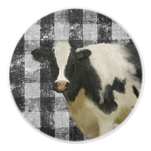 Rustic Farmhouse Cow Black in White Gingham Check Keramische Knop (Voorkant)