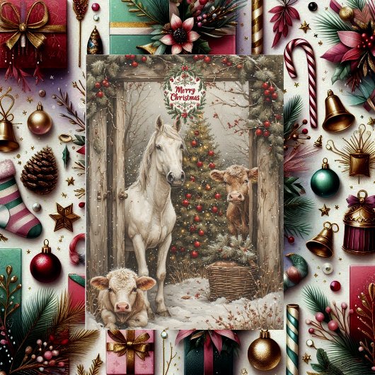 Rustic Farmhouse Cow Horse Country Christmas Card 