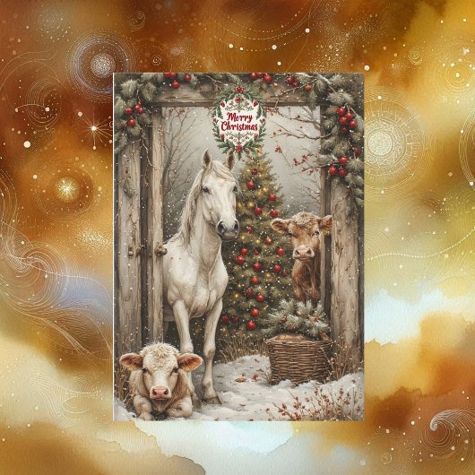 Rustic Farmhouse Cow Horse Country Christmas Card 