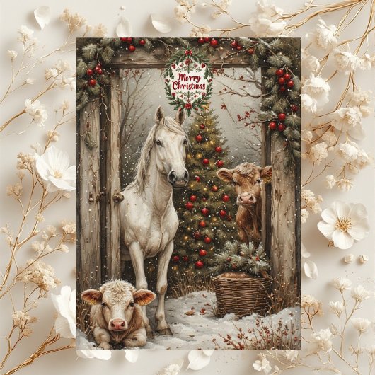 Rustic Farmhouse Cow Horse Country Christmas Card 