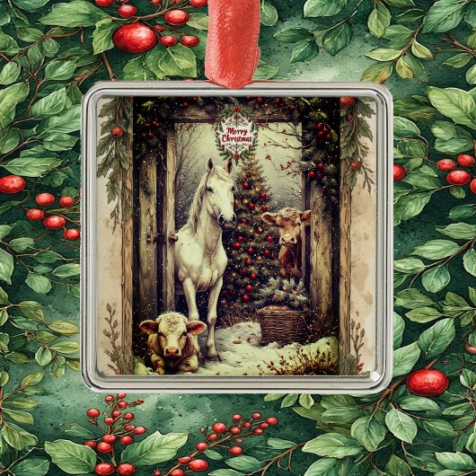Rustic Farmhouse Cow Horse Country Christmas Rural Metalen Ornament