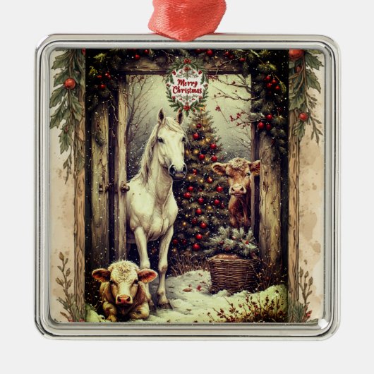 Rustic Farmhouse Cow Horse Country Christmas Rural Metalen Ornament (Voorkant)