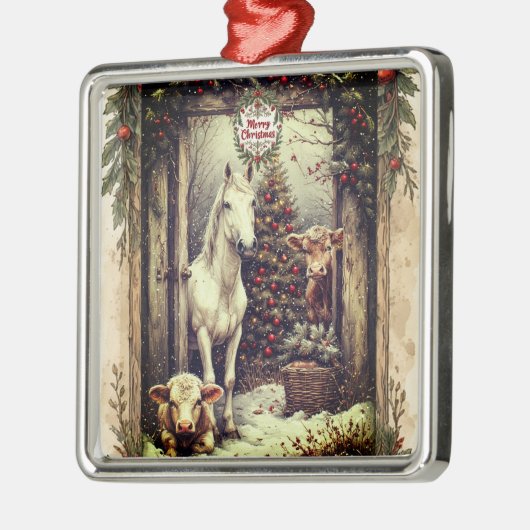 Rustic Farmhouse Cow Horse Country Christmas Rural Metalen Ornament (Links)