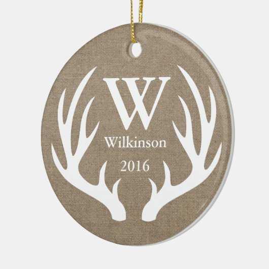 Rustic Farmhouse Deer Antlers Familienaam Keramisch Ornament (Links)