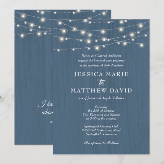 Rustic Farmhouse Dusty Blue Fairy Lights Wedding Kaart (Voorkant / Achterkant)