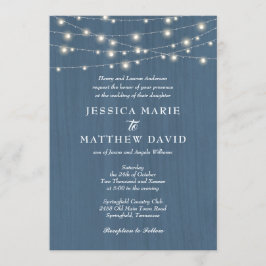 Rustic Farmhouse Dusty Blue Fairy Lights Wedding Kaart