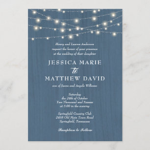 Rustic Farmhouse Dusty Blue Fairy Lights Wedding Kaart