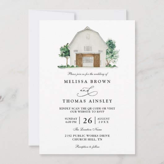 Rustic Farmhouse Elegant Barn QR Code Wedding Kaart (Voorkant)