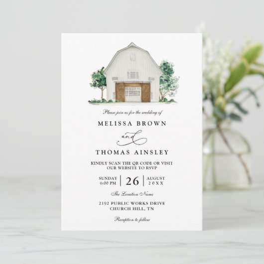 Rustic Farmhouse Elegant Barn QR Code Wedding Kaart (Staand voorkant)
