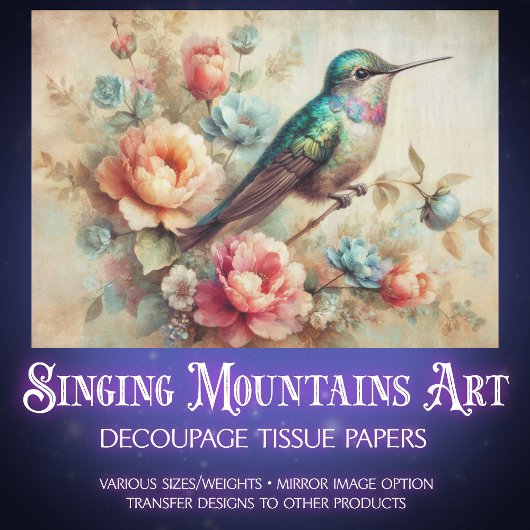 Rustic Farmhouse Floral Hummingbird Decoupage Tissuepapier