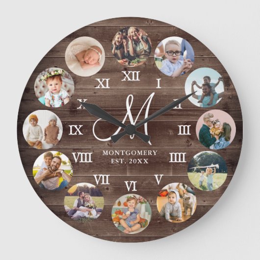 Rustic Farmhouse Foto Collage Monogram Grote Klok (Voorkant)