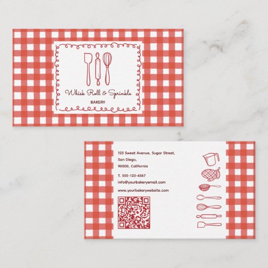 Rustic Farmhouse Gingham QR Code Bakery Visitekaartje (Voorkant / Achterkant)