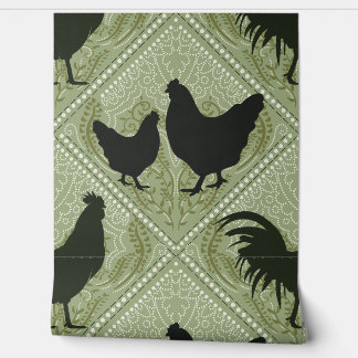 Rustic Farmhouse Hen Pattern – In Green  Behang