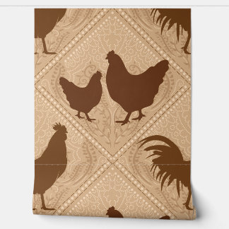 Rustic Farmhouse Hen Pattern – In Warm Brown  Behang