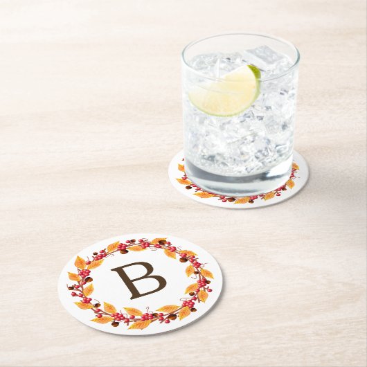 Rustic Farmhouse Herfst Wreath | Monogram Ronde Kartonnen Onderzetter (Insitu)