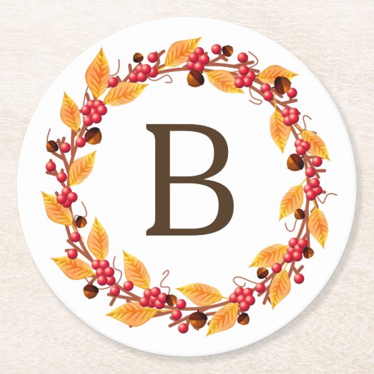 Rustic Farmhouse Herfst Wreath | Monogram Ronde Kartonnen Onderzetter (Voorkant)