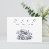 Rustic Farmhouse Illustration Destination Wedding RSVP Kaartje (Staand voorkant)