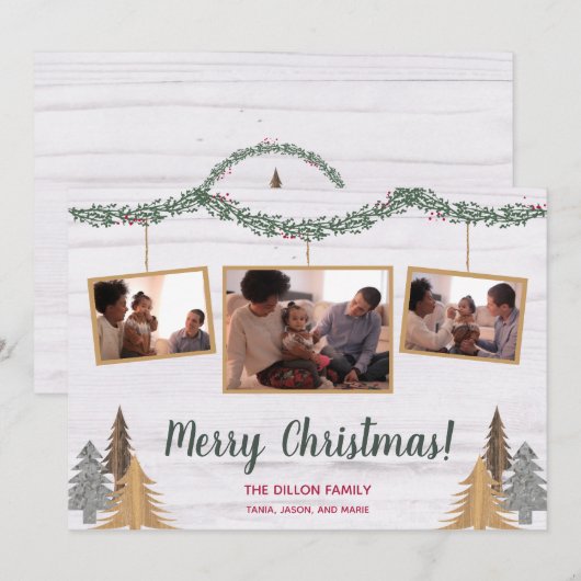Rustic Farmhouse kerstbomen & Garland 3-foto Feestdagenkaart (Voorkant / Achterkant)