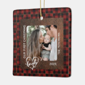 Rustic Farmhouse Leather & Plaid Christmas Family Keramisch Ornament (Links)