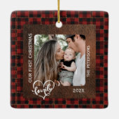 Rustic Farmhouse Leather & Plaid Christmas Family Keramisch Ornament (Achterkant)