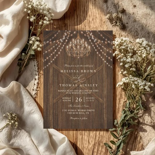Rustic Farmhouse Lights Vintage QR Code Wedding Kaart