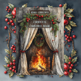 Rustic Farmhouse Magic Christmas Fireplace Hearth  Feestdagenkaart