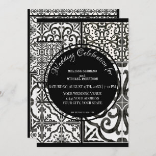 Rustic Farmhouse Modern Tile Black White Wedding Kaart