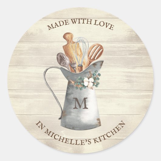 Rustic Farmhouse Monogram Floral Kitchen Ronde Sticker (Voorkant)