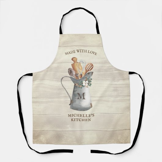 Rustic Farmhouse Monogram Floral Kitchen Schort (Voorkant)