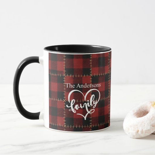 Rustic Farmhouse Red Buffalo Plaid Family Name Mok (Met donut)